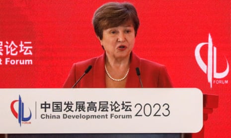 La directora gerente del Fondo Monetario Internacional (FMI), Kristalina Georgieva, hablando en el Foro de Desarrollo de China 2023 en Beijing, China, el 26 de marzo de 2023.