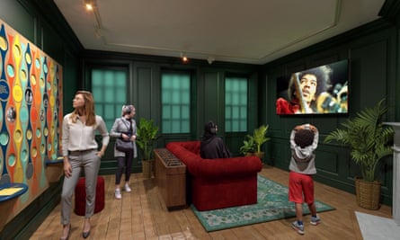 Imagen CGI de 2 mujeres y un niño en el apartamento de Jimi Hendrix mirando una pantalla de él jugando 