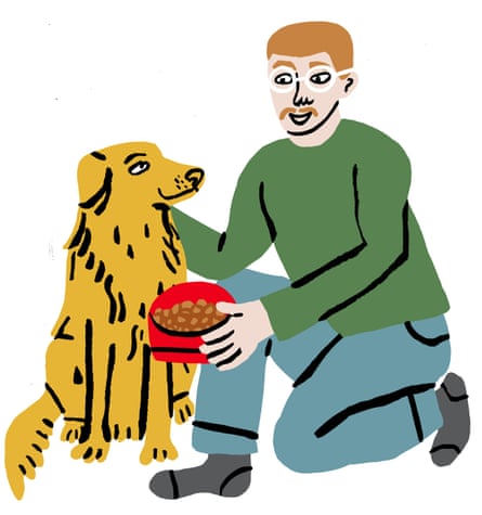 Ilustración de un hombre arrodillado para alimentar a un perro