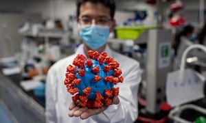 Un ingeniero sostiene un modelo plástico de Covid-19 en las instalaciones de biotecnología de Sinovac en Beijing, China