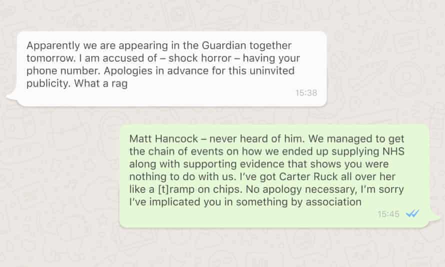 Compuesto de mensajes de WhatsApp entre Matt Hancock y Alex Bourne