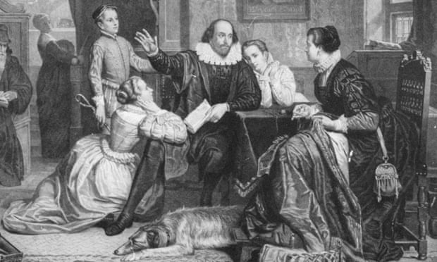Susanna, arrodillada, escucha una obra de teatro leída por su padre con otros miembros de la familia en un grabado de 1890.