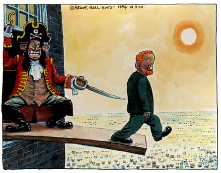 Caricatura contemporánea de Steve Bell sobre la renuncia de Robin Cook.